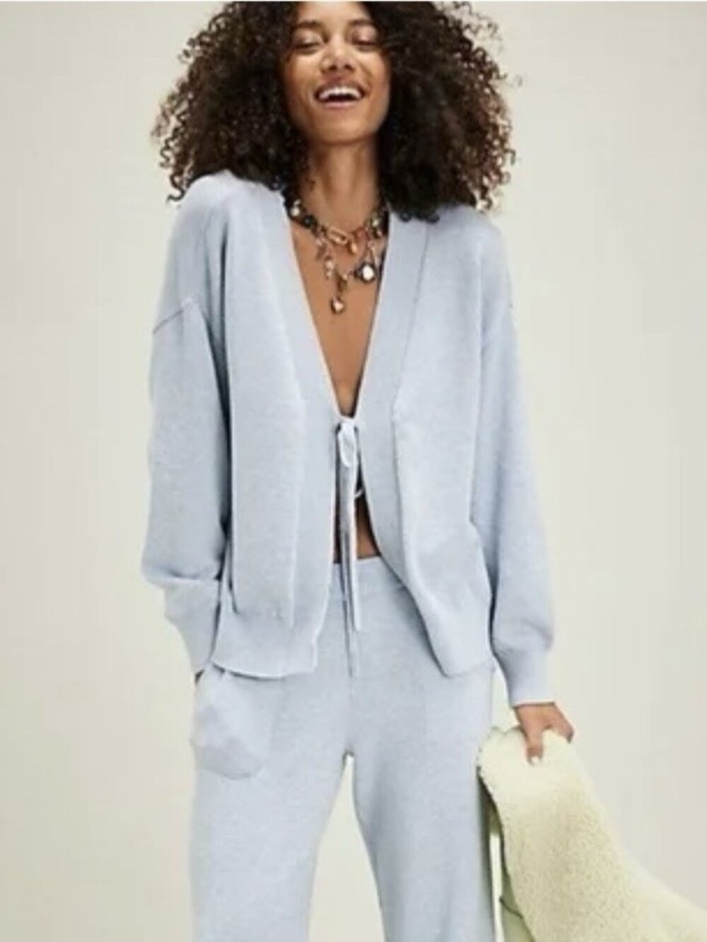 Free People Beach Solar Sweater M Womens Sky Blue 100% Cotton Tie Cardigan